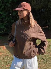 Livesso Women's Regular Fit Turtleneck Drawstring Tie Textured Jacket Spring - Coffee Brown - View 3