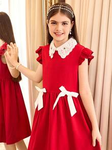 SHEIN Tween女孩休閒優雅紅白配色夏季派對A字洋裝，珠飾領口、短袖、蝴蝶結裝飾腰部，返校季Tween女孩梭織紅色洋裝 - 紅色 - 查看 6