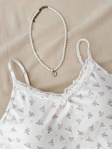 SHEIN Camiseta informal con encaje de contraste y estampado floral para niña preadolescente - Blanco - Ver 3