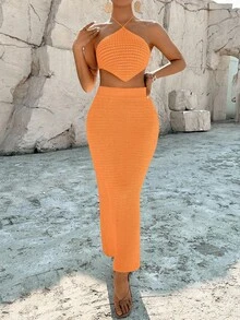 Breezaya Women's Solid Color Minimalist Halter Top And Skirt Casual Vacation 2-Piece Set - Orange - View 5