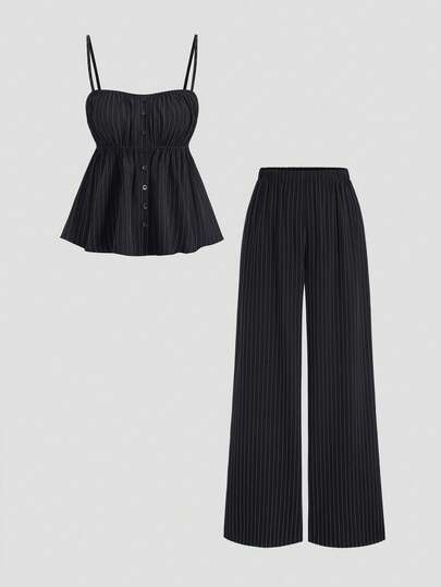 Sweetra Women's Elegant Vintage Sexy Spaghetti Strap Open Front Minimalist Casual Daily Commute Camisole And Wide Leg Pants 2-Piece Set, Spring/Summer