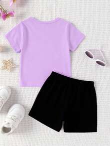 Bộ 2 món thời trang cho bé gái, in hình ngôi sao và chữ cái nhóm nhạc K-Pop, cổ tròn, tay ngắn và quần short, thích hợp cho các hoạt động ngoài trời mùa hè. - Nhiều màu - Xem 2