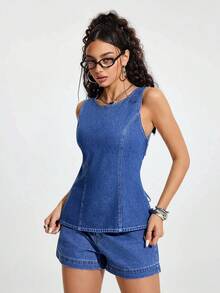 Jeanoix Women's Round Neck Backless Twist Denim Sleeveless Top - Blue - View 4