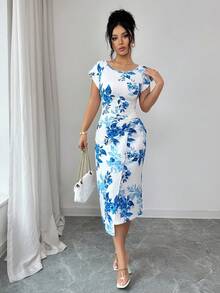 Elenzga 优雅中长款短袖连衣裙，适合约会、聚会和日常穿着，修身设计搭配扭结装饰，既显身材又显瘦，优雅的印花连衣裙也适合婚礼、派对和时尚场合。 - 藍色 - 查看 4