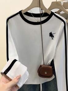 Resyla 复古撞色长袖圆领T恤，秋季休闲时尚套头毛衣 - 黑與白 - 查看 6