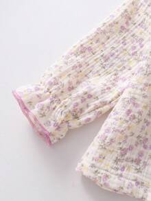 SHEIN Baby Girls Fall Autumn/Winter Pajamas-2 Pieces Floral Ruffle Collar Pajama Set Pink Pastel Long Sleeve Round Neck Button Front Pants Two Pieces Cozy - Purple - View 8