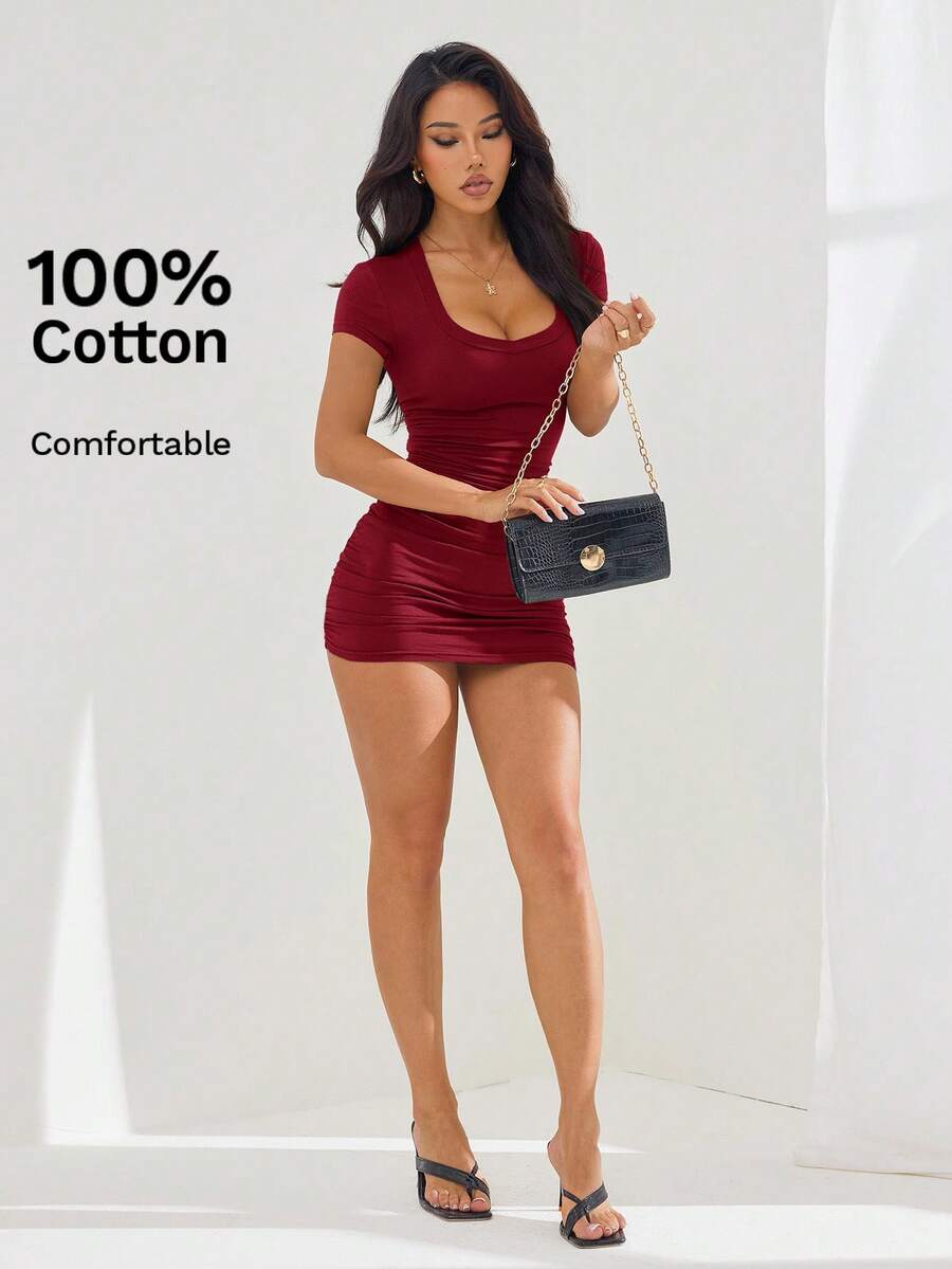 SHEIN PETITE 夏季純色抓皺緊身洋裝，小碼女款 - 酒紅色 - 查看 1