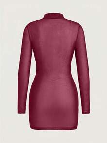 SHEIN ICON 时尚性感透视网纱褶皱紧身迷你连衣裙 - 中紫紅色 - 查看 7