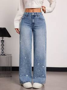 SHEIN Tall Summer And Spring Women's Casual Loose Fit Straight Leg Jeans Sparkling Rhinestone Design Fashion Party Valentine's Day Comfortable Blue Washed Straight-Leg Jeans - Medium Wash - View 1