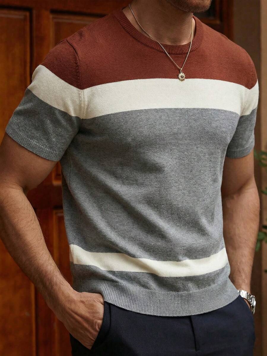 Manfinity Homme 男士休闲日常撞色圆领短袖针织上衣 - 灰色 - 查看 1