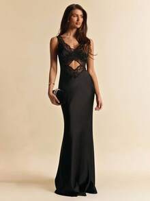 SHEIN BAE 黑色缎面撞色蕾丝无袖连衣裙，优雅修身长裙，适合正式场合、婚礼、伴娘、生日派对等。 - 黑色 - 查看 3