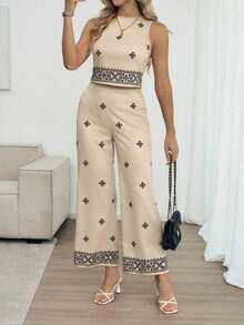 Louniche 女士春秋季雪纺印花圆领无袖上衣和阔腿裤两件套 - 彩色 - 查看 1