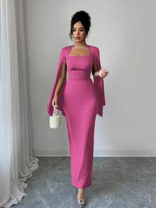 Elenzga Elegant & Refined Pearl Decor Bodycon Waist Dress For Women - Hot Pink - View 3