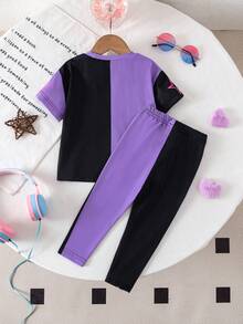 SHEIN Baby Girl Cartoon Letter Print Round Neck Short Sleeve T-Shirt And Pants Casual Outfit - Purple - View 2