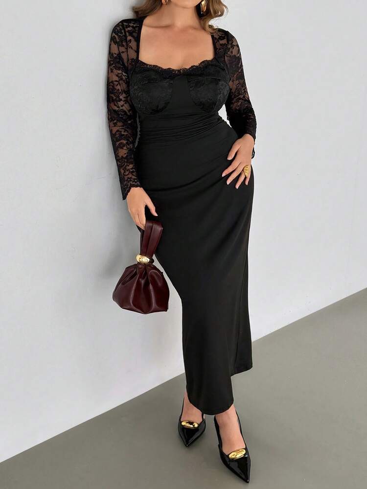 plus size black lace mermaid dress Plus Size Black Lace Mermaid Prom Dresses Plunging... From Veralove999,  $136.48