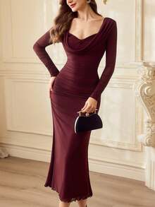 Vintamour 复古优雅女士连衣裙，褶皱心形领长袖网纱休闲假日派对连衣裙，夏季长款连衣裙，女士夏季服装，女士春季服装，女士春假服装，情人节服装，女士情人节连衣裙，情人节服装，情人节套装，女士优雅连衣裙，女士红色连衣裙 - 玫瑰紅 - 查看 2