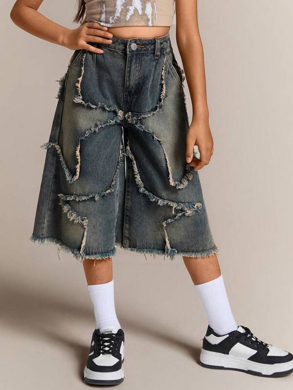 Radiana Tween Girls Y2K Vintage Washed Star Patched Printed,Belt Loop, Frayed Edge,Denim Capri Baggy Jeans Long Shorts With Raw Hem, Casual & Fashionable For Everyday Wear,School,Streetwear, Ripped Jean Shorts, Frayed Denim Shorts, Distressed Denim Shorts, Jorts, Baggy Jean Shorts Fall Winter
