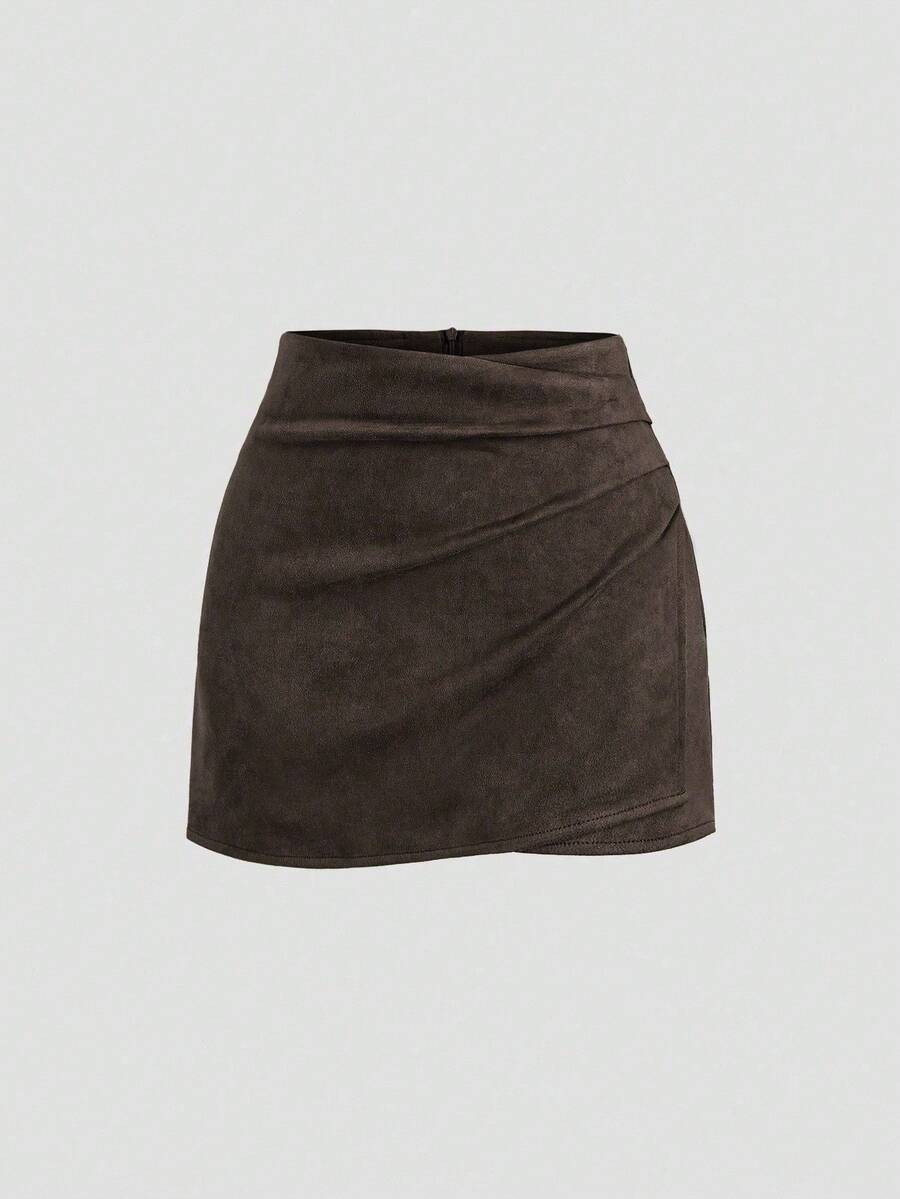 Sweetra Petite Autumn/Winter Maillard Color Suede Pleated A-Line Mini Skirt, Petite Women - Brown - View 1