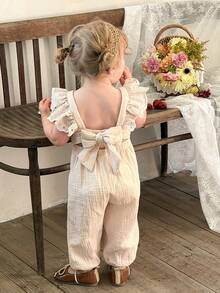 LMoss Kids Bộ áo liền quần dệt kim màu trơn cổ vuông xếp nếp cho bé gái - Màu be - Xem 7