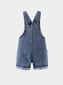Elladie kids 女童可爱风牛仔背带短裤，春夏款，中蓝色牛仔布，粉色蝴蝶结设计，直筒裤型，面料柔软舒适，适合上学、通勤、日常外出穿着。 - 中等水洗藍 - 查看 2