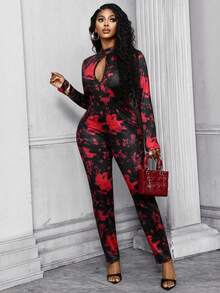 Lureya Women's Hollow Out Design Long Sleeve Flare Pants, High Waist Fitted Cut, Red & Black Abstract Print Textured Stretchy Fabric, Bodysuit Style, Suitable For Street, Casual, Home, Travel, Date, Night Party - Multicolor - View 6