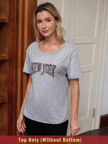 SHEIN Doze Lane Women's Casual Letter Print Round Neck Short Sleeve Sleepwear Top - Grey - View 5