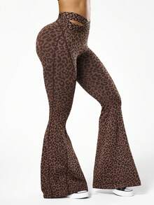 Easithlete 1件装女士无缝性感豹纹交叉腰部轮廓紧身裤，适合瑜伽、健身、舞蹈、体操 - 咖啡棕 - 查看 3