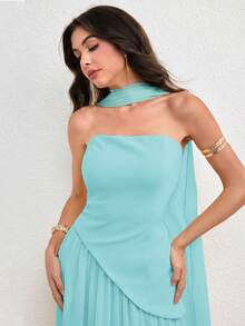 Vestido de mujer con volante asimétrico en el bajo y cuello halter, elegante y encantador, color amarillo claro, para primavera/verano - Azul Agua - Ver 5