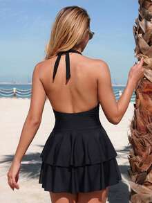 Swim Lushoire 女士夏季度假休闲沙滩装纯黑色女士泳裙比基尼挂脖系带泳衣套装 - 黑色 - 查看 3