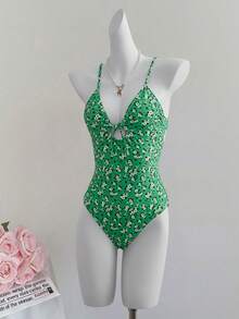 Elamini 女士夏季沙滩度假花卉波点印花镂空前后系带连体泳衣 - 綠色 - 查看 4