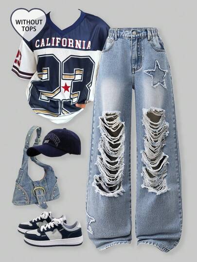 SHEIN Sparklyn Vintage Distressed Streetwear Casual Collegiate Style Washed Blue Ripped Hole Button Fly Denim Jeans, Suitable For Hanging Out, Dates, Everyday Wear, Parties With Friends, Back To School