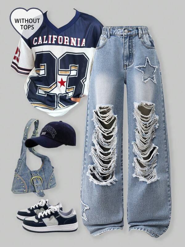 SHEIN Sparklyn جينز ديني مغسول بلون أزرق ممزق مع زر طائر، بطراز كاجوال كولومبي مهترئ، مناسب للخروج، المواعيد، الارتداء اليومي، الحفلات مع الأصدقاء، العودة إلى المدرسة