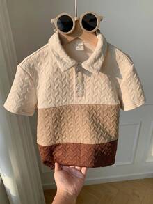 SHEIN Young Boys' Textured Fabric Simple Silhouette Khaki Colorblock Polo Shirt, Casual Collegiate Comfortable & Fashionable, Versatile & Practical, Soft Fabric Suitable For Daily Wear, Travel, Outdoor, Holidays, Beach Vacation, Summer, Festivals, Spring/Summer - Multicolor - View 6