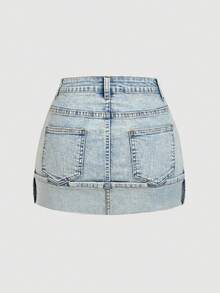 SHEIN MOD Chân váy denim ngắn nữ có túi, gấu quần xắn lên, kiểu dáng thường ngày, đa năng. - Màu xanh lam - Xem 2
