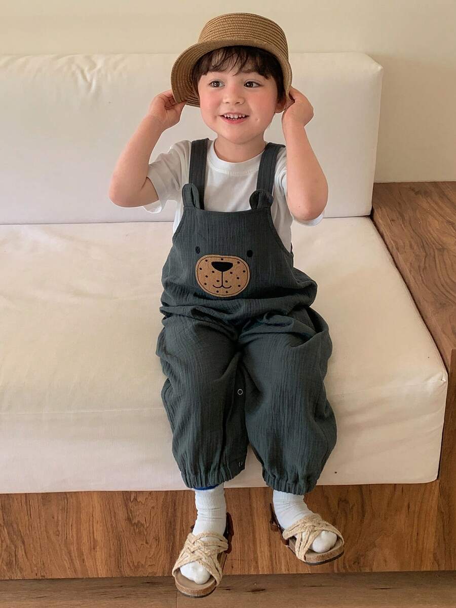 DAZY Baby Boy Cartoon Bear Applique Casual Bib Overalls
