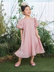 DAZY Young Girls Party Birthday Solid Color Short Sleeve Formal Dress Vacation - Apricot - View 2