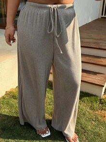 SHEIN EZwear 大码女式纯色系带阔腿休闲裤，秋冬款 - 卡其色 - 查看 5