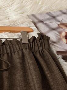 SHEIN PETITE Women's Elegant Casual Brown Floral Lace Bow Tie Waist Slim Fit Wide Leg Pants, Spring/Summer - Brown - View 4