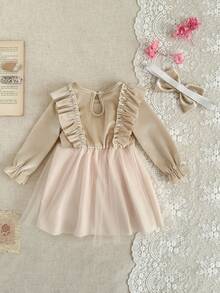 SHEIN Đầm dự tiệc bằng vải lưới trang trí nơ thanh lịch cho bé gái - Màu be - Xem 2