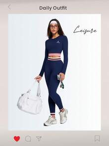 Dewbera Dewbera 2pcs Women's Navy Blue And White Workout Sets,Seamless Autumn Athleisure,Long Sleeve Crop Top And High Waist Leggings,Contrast Stripe Gym Sportswear - Royal Blue - View 7