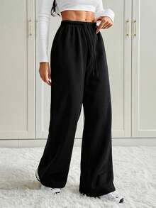 SHEIN Tall Quần thể thao nữ dáng rộng, thắt eo phía trước, thích hợp cho mùa thu/đông, mặc hàng ngày và đi học. - màu đen - Xem 5