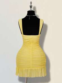 ICON Vestido mini ajustado de mujer de unicolor elegante con malla y drapeado - Amarillo claro - Ver 2