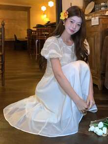 DAZY Women's Round Neck Textured Korean-Style Midi Party Dress - White - View 5