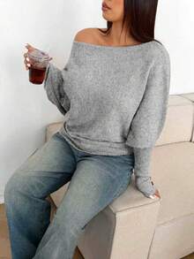 Sunnyshic Plus Size Sexy Off-Shoulder Solid Color Knit Sweater - Grey - View 3