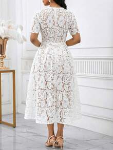 SHEIN Lady 女士优雅水溶蕾丝透视短袖连衣裙，夏季 - 彩色 - 查看 2