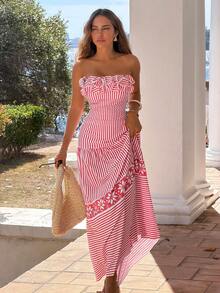 Bonvoyette Floral & Striped Print Bandeau Jumpsuit And Mini Skirt Set - Red - View 2