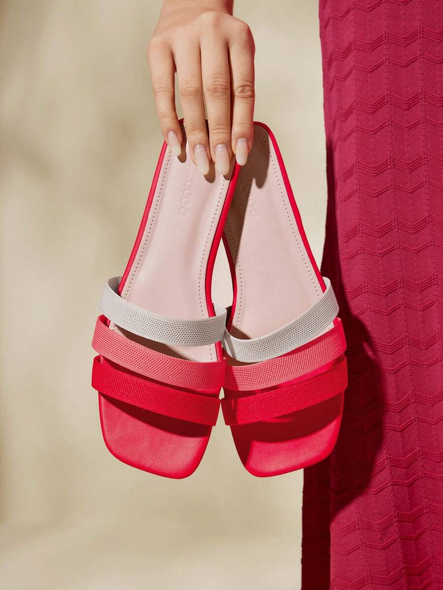 CUCCOO BASICS Woman Shoes Square Toe Flat Colorblock Knit Detail Slide Sandals For Summer Vacation Shoes Summer Back To School Shoes College Student Shoes Spring Shoes Spring Break Easter Valentine's Day - Multicolor 1 - View 1