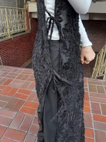 FRIFUL Women's V-Neck Embossed Casual Versatile Sleeveless Dress - Black - View 7