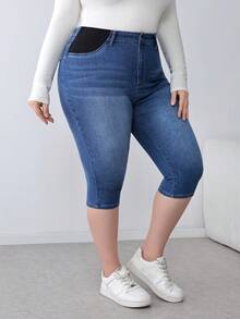 SHEIN PETITE CURVE 春夏大码纯色休闲牛仔裤 - 深色水洗藍 - 查看 5