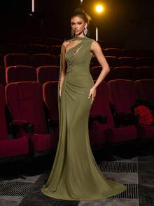 Glamrae Elegant Brown High-Stretch Mesh Asymmetric Shoulder Maxi Dress,Metal 3D Floral Decor,Front Ruching,Draped Side Panels,Fishtail Hem Formal Gown - Olive Green - View 8